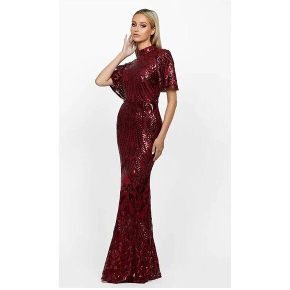 Bariano Fantasy Sequined Flutter Sleeve Dress Long Gown Retails $299 NWT Size 12 - Picture 2 of 11